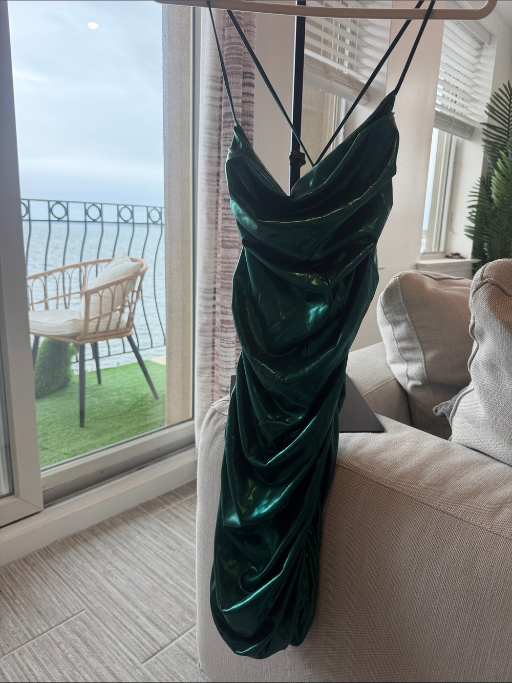 AKIRA Shimmery Emerald Green Satin Cowl Slip Dress